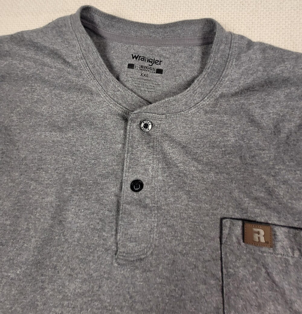 Wrangler Riggs Workwear Shirt Mens 2XL Gray Long Sleeve Henley Pocket Pullover